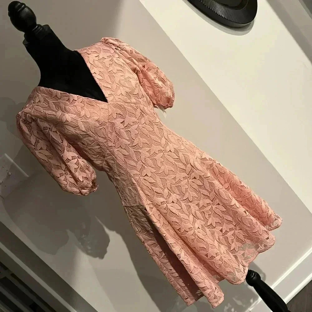 Shoshanna Alize Blush,Lace Overlay,V-Neck,Short Puff Sleeves,A-Line,Empire Waist — image 3 of 8